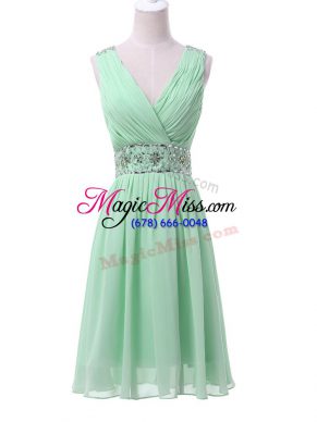 Apple Green Zipper Bridesmaids Dress Beading and Ruching Sleeveless Knee Length