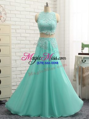 Extravagant Sleeveless Chiffon Floor Length Side Zipper Prom Dresses in Apple Green with Appliques