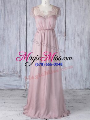 Extravagant Pink Scalloped Neckline Lace Vestidos de Damas Short Sleeves Clasp Handle