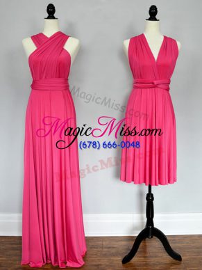 Smart Hot Pink Wedding Guest Dresses Prom and Sweet 16 and Wedding Party with Ruching Halter Top Sleeveless Lace Up