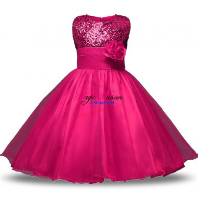 Fabulous Ball Gowns Flower Girl Dress Hot Pink Scoop Organza and Sequined Sleeveless Knee Length Zipper