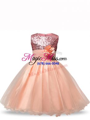 Peach Sleeveless Knee Length Sequins and Hand Made Flower Zipper Child Pageant Dress