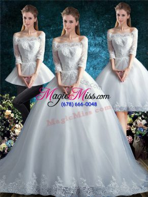 Custom Made Court Train Three Pieces Wedding Gowns White Off The Shoulder Tulle Half Sleeves Clasp Handle