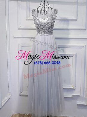 Empire Homecoming Dress Grey Scoop Tulle Sleeveless Floor Length Lace Up