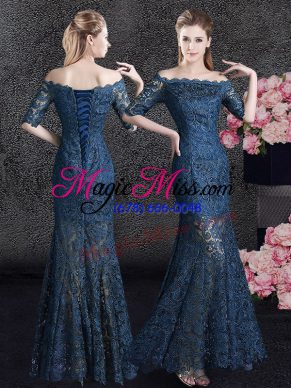 Mermaid Off the Shoulder Half Sleeves Lace Floor Length Lace Up Mother of the Bride Dress in Navy Blue with Lace