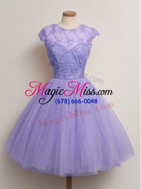Modest Lavender Cap Sleeves Tulle Lace Up Bridesmaid Gown for Prom and Party and Wedding Party