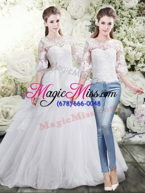 Lace and Ruffles Wedding Gown White Lace Up Half Sleeves Brush Train