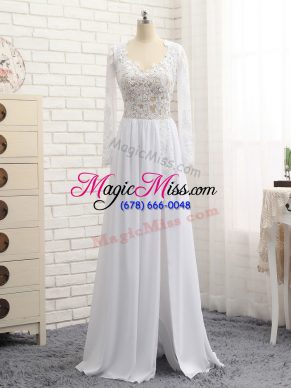 Long Sleeves Chiffon Floor Length Zipper Homecoming Dress in White with Lace and Appliques
