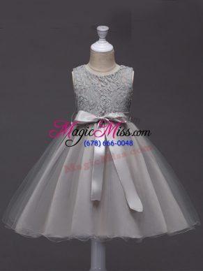 Sophisticated Grey Sleeveless Knee Length Lace and Belt Zipper Flower Girl Dress