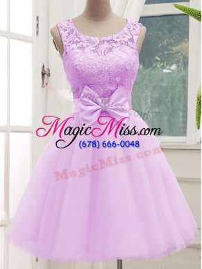 Unique Tulle Scoop Sleeveless Lace Up Lace and Bowknot Wedding Guest Dresses in Lilac