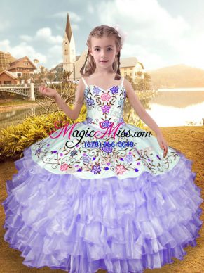 Inexpensive Floor Length Lavender Kids Formal Wear Organza and Taffeta Sleeveless Embroidery and Ruffled Layers
