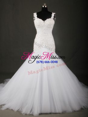 White Straps Neckline Beading and Lace Wedding Dress Sleeveless Backless