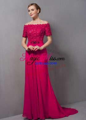 Off The Shoulder Short Sleeves Mother Dresses Sweep Train Lace Hot Pink Chiffon