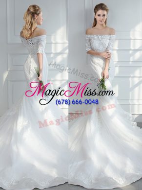 White Tulle Lace Up Wedding Gowns Half Sleeves Court Train Lace and Appliques