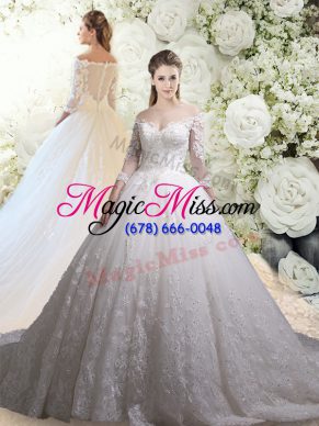 Luxury White 3 4 Length Sleeve Tulle Chapel Train Zipper Wedding Gown for Wedding Party