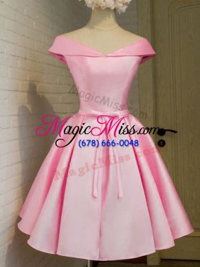 Pink A-line Belt Dama Dress Lace Up Taffeta Cap Sleeves Knee Length
