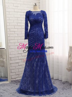Custom Fit Blue Bateau Neckline Lace Mother Of The Bride Dress Long Sleeves Zipper