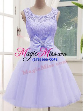 Inexpensive Lavender Tulle Lace Up Scoop Sleeveless Knee Length Bridesmaids Dress Lace and Bowknot