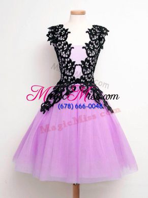 Lilac A-line Lace Wedding Party Dress Lace Up Tulle Sleeveless Knee Length