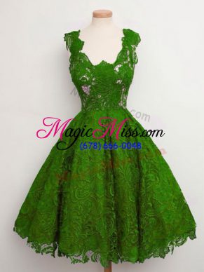 Green A-line Straps Sleeveless Lace Knee Length Lace Up Lace Wedding Guest Dresses