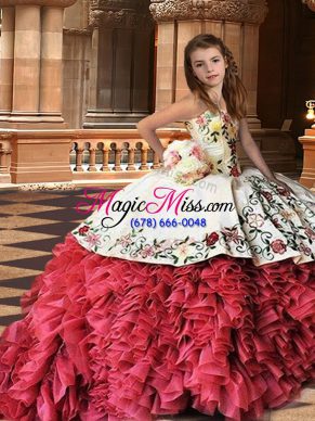 White And Red Strapless Neckline Embroidery and Ruffles Child Pageant Dress Sleeveless Lace Up