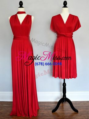 Clearance Red Sleeveless Floor Length Ruching Lace Up Bridesmaids Dress