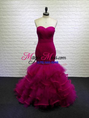 Traditional Sleeveless Brush Train Lace Up Beading and Ruching Dress for Prom