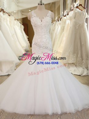 Shining Tulle V-neck Sleeveless Chapel Train Clasp Handle Beading and Appliques Wedding Gown in White