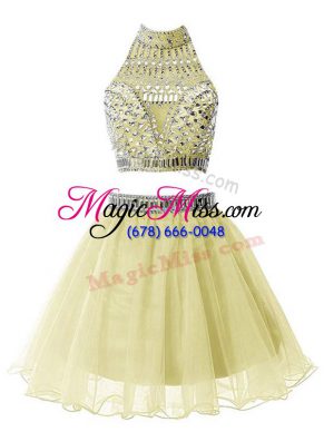 Traditional Sleeveless Organza Knee Length Zipper Wedding Guest Dresses in Yellow with Beading