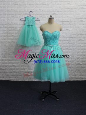 Aqua Blue Sleeveless Mini Length Beading Lace Up Homecoming Dress