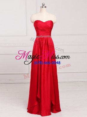Sleeveless Taffeta Floor Length Zipper Bridesmaids Dress in Red with Beading and Belt