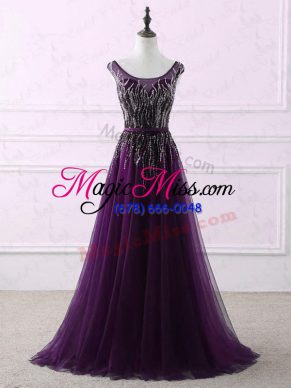 Low Price Eggplant Purple Sleeveless Appliques and Embroidery Zipper Prom Gown