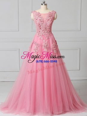 Pink Tulle Lace Up Prom Evening Gown Sleeveless Brush Train Appliques