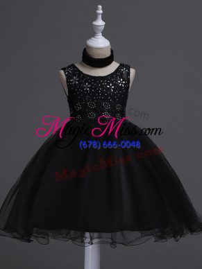 Black Ball Gowns Organza Scoop Sleeveless Beading and Lace Knee Length Zipper Pageant Gowns For Girls