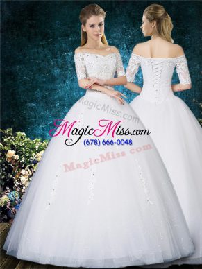 Ideal Off The Shoulder Half Sleeves Tulle Wedding Gowns Beading and Appliques and Embroidery Lace Up