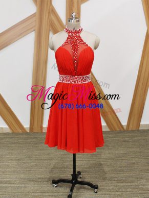 Hot Sale Coral Red Empire Chiffon Halter Top Sleeveless Beading and Ruching Zipper Dress for Prom