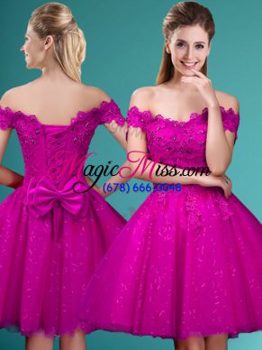 Fantastic Fuchsia A-line Tulle Off The Shoulder Cap Sleeves Lace and Belt Knee Length Lace Up Bridesmaid Gown