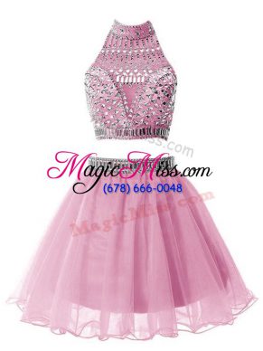 Lilac Organza Zipper High-neck Sleeveless Knee Length Bridesmaid Dresses Beading