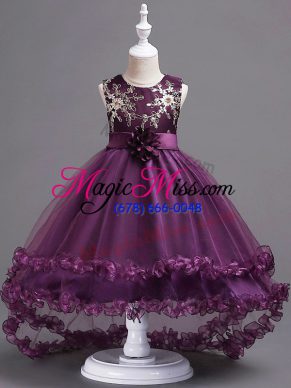 High End Dark Purple Tulle Zipper Scoop Sleeveless High Low Little Girl Pageant Dress Appliques and Hand Made Flower