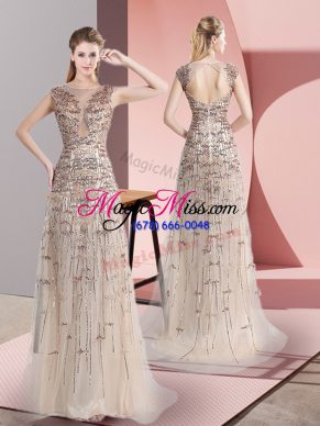 Sleeveless Tulle Brush Train Zipper Prom Party Dress in Champagne with Beading