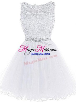 Hot Sale White A-line Tulle Scoop Sleeveless Beading and Lace and Appliques Mini Length Zipper Dress for Prom