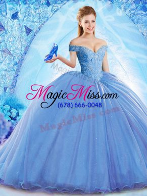 Classical Off The Shoulder Sleeveless Brush Train Lace Up Ball Gown Prom Dress Blue Organza