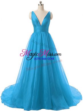 Blue Sleeveless Organza Brush Train Backless Evening Dress for Prom