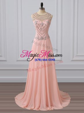 Luxurious Peach Chiffon Side Zipper Scoop Sleeveless Dress for Prom Brush Train Beading