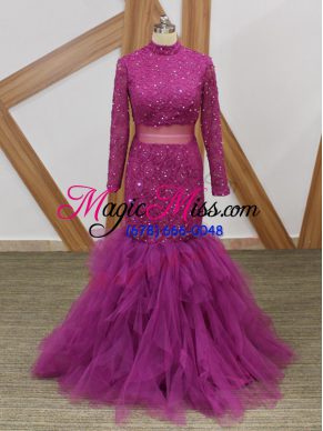 Fuchsia Long Sleeves Tulle Zipper Mother Of The Bride Dress for Prom and Party and Military Ball and Sweet 16