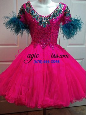 Fuchsia Zipper Scoop Beading and Sequins Cocktail Dress Organza Short Sleeves