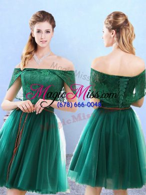 Olive Green Tulle Lace Up Bridesmaid Gown Cap Sleeves Knee Length Lace