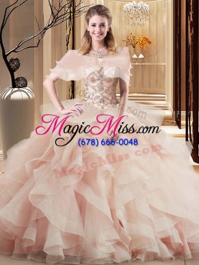 Scoop Sleeveless Tulle Quinceanera Dress Beading and Ruffles Brush Train Lace Up