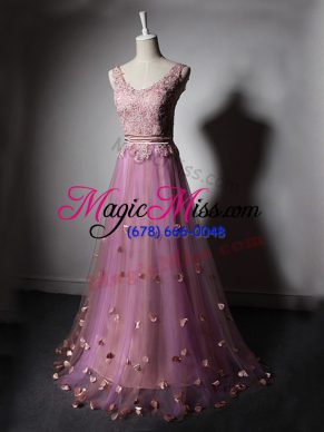 Low Price Sleeveless Tulle Sweep Train Lace Up Dress for Prom in Lilac with Beading and Lace and Appliques and Hand Made Flower