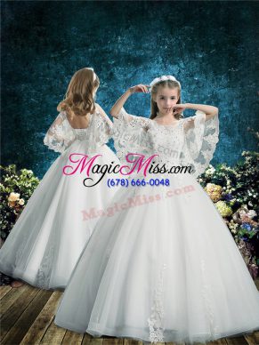 Scoop Half Sleeves Toddler Flower Girl Dress Floor Length Lace White Tulle